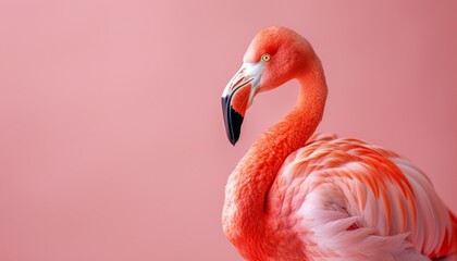 Obraz premium A cute Flamingo sitting on a solid pastel background with space above for text