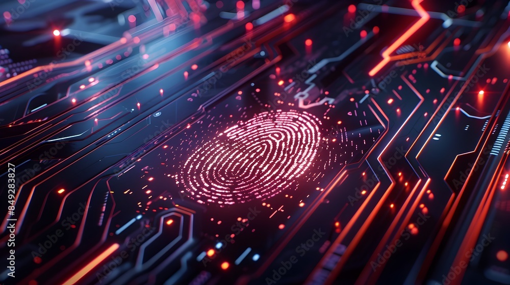 Poster futuristic fingerprint scanning on digital interface for biometric security