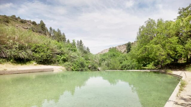 A large body of water with trees in the background. The water is green and calm. The scene is peaceful and serene