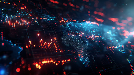 Abstract digital data visualization of world's map with glowing red and blue lights. Futuristic global network and technology concept.