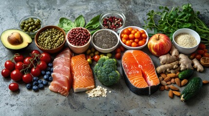A vibrant selection of fresh foods including salmon, fruits, vegetables, and grains, showcasing a balanced and healthy diet.
