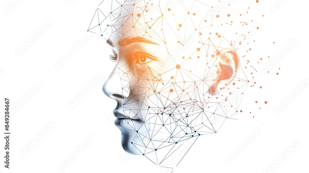 Poster facial recognition technology with digital grid scanning and highlighted features