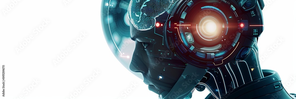 Poster a 3d render of a robots head with a digital brain engine inside. the head is isolated against a whit