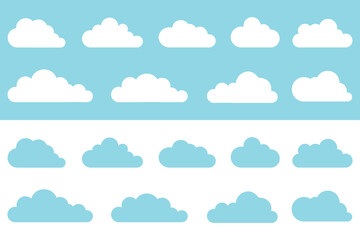 Set of Clouds. Abstract white and sky-blue cloudy set isolated on blue and white background. Vector illustration.