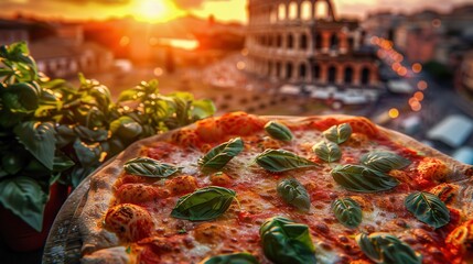 Delicious Italian pizza with fresh basil leaves in front of the Colosseum during sunset, capturing...