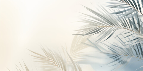 Fototapeta premium Elegant Summer Background with Palm Leaves and Shadows on Light Green Pastel Gradient, Perfect for Minimalistic Product Displays and Text Features