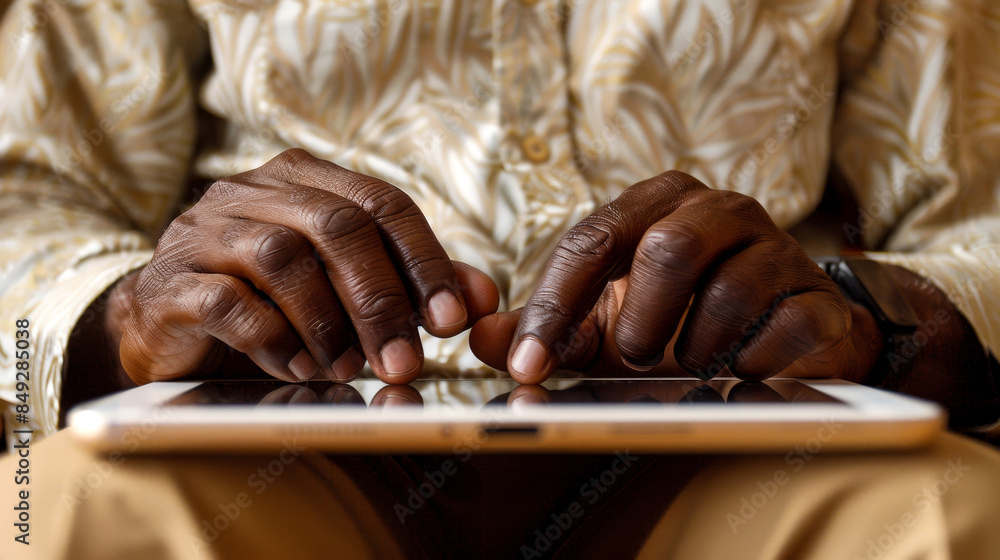 Poster A person using a tablet, focusing on their hands typing on the screen. The image depicts technology usage and connectivity.
