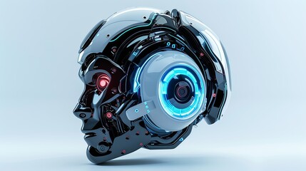 A 3D rendering of an artificial intelligence robot head with a digital brain engine, isolated on a white background. The head is black and white with glowing blue and red lights. Generative AI