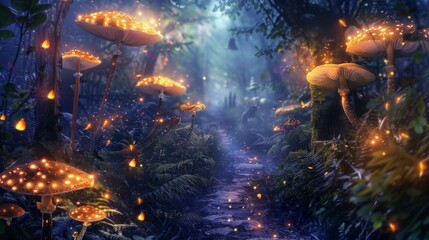 Enchanted Halloween Forest with Glowing Mushrooms, Twinkling Lights, and Mystical Creatures