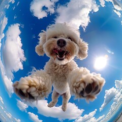 A dog is standing up in the sky with its paws out.