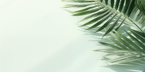 Fototapeta premium Elegant Summer Background with Palm Leaves and Shadows on Light Green Pastel Gradient, Perfect for Minimalistic Product Displays and Text Features