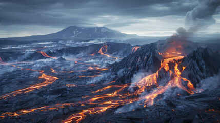 Dramatic volcanic eruption with bright lava flows, emitting smoke and ash under a cloudy sky, showcasing raw natural power.