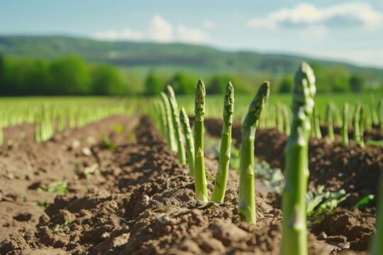 Green asparagus plants growing on a field on a sunny day, blue sky.Asparagus harvest.