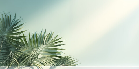 Obraz premium Elegant Summer Background with Palm Leaves and Shadows on Light Green Pastel Gradient, Perfect for Minimalistic Product Displays and Text Features