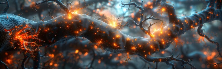 Panoramic header with Abstract 3d rendering of firing neurons in a brain network, ideal for neuroscience and psychology projects. medical science digital art on synapse