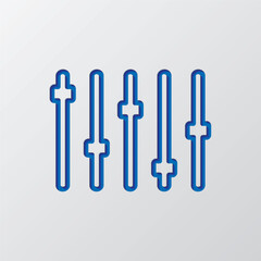 Equalizer slider simple icon. Flat design. Paper cut design. Cutted blue symbol with shadow. Gray background
