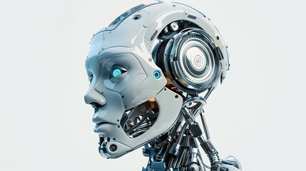 A 3D rendered image of a white AI robot head with a digital graphic brain engine inside, isolated on a white background. Generative AI