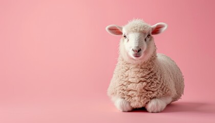 A cute sheep sitting on a solid pastel background with space above for text