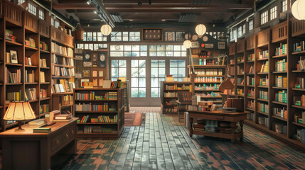 Fototapeta premium Warm and inviting vintage bookstore with wooden shelves, cozy reading areas, and soft lighting creating a nostalgic atmosphere.