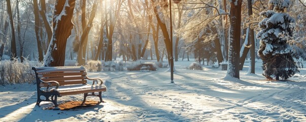 Wood bench in winter clean park near path with nice sunlight, relax concept  banner. Generative Ai.