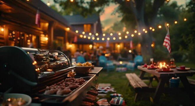Barbecue party with grilled food in a backyard decorated with American flags. Celebrating the 4th of July with friends and family. 4th of July, USA Independence Day
