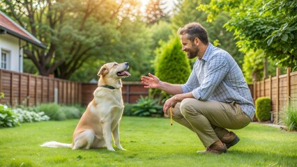  Man Training Dog in Backyard - A man giving commands to his attentive dog in a well-maintained backyard, showcasing obedience training