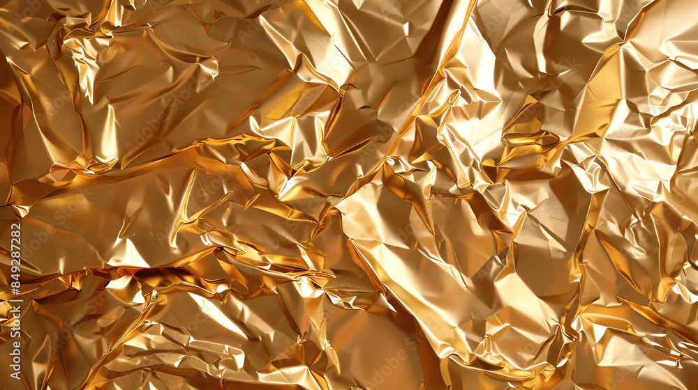 Poster close-up of crumpled golden foil texture creating a shiny, reflective surface, perfect for backgroun