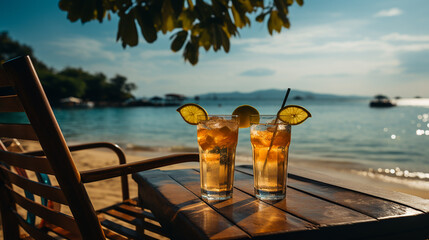 Two glasses of orange juice on a tropical beach: a stunning island landscape with chairs and a beautiful panoramic view. Perfect for a summer getaway.
