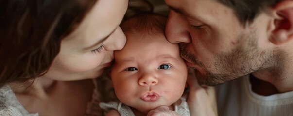Loving parents kissing their newborn baby on the cheeks, capturing a tender family moment full of affection and warmth.