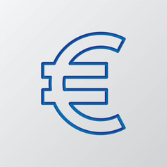Euro money simple icon. Flat design. Paper cut design. Cutted blue symbol with shadow. Gray background