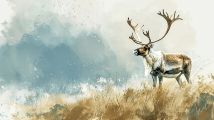 Illustration of a majestic caribou standing in a grassy field with a serene, natural background.