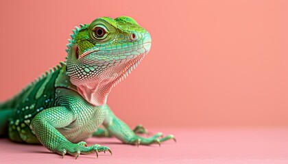 Fototapeta premium A cute reptile sitting on a solid pastel background with space above for text