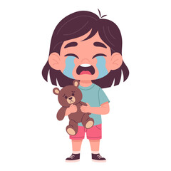 Crying child with a toy in his hands, on a white background