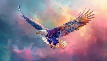 Obraz premium Majestic eagle soaring through vibrant, colorful sky. Symbol of freedom and strength in stunning digital art.