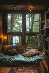 A bed in a room with a window and books.