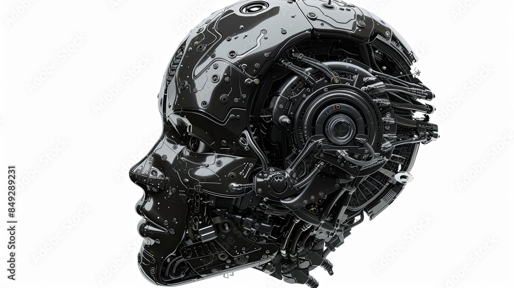 Poster a 3d rendering of an ai robot head with a digital graphic brain engine inside, isolated on a white b