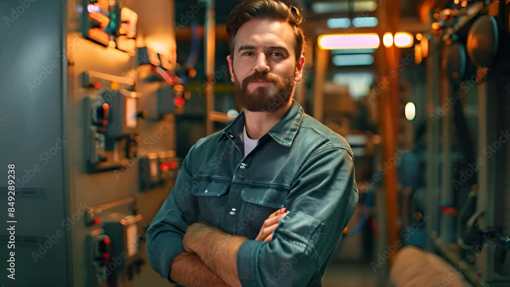 Aufkleber factory mechanical engineer with arms folded standing and smiling at work