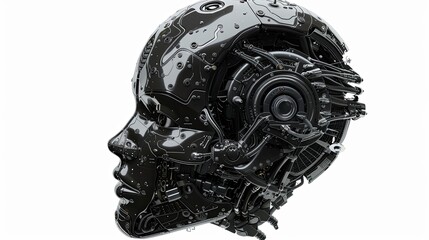 A 3D rendering of an AI robot head with a digital graphic brain engine inside, isolated on a white background with clipping path. Generative AI