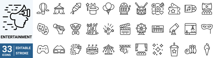 Entertainment web icons in line style. Lifestyle. Theatre, cinema, surfing, music, party, VR, TV. Vector illustration.