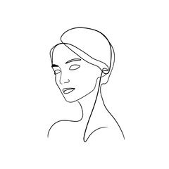 Minimalistic silhouette of woman face Black and white background line drawing