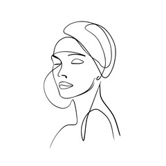 Minimalistic silhouette of woman face Black and white background line drawing