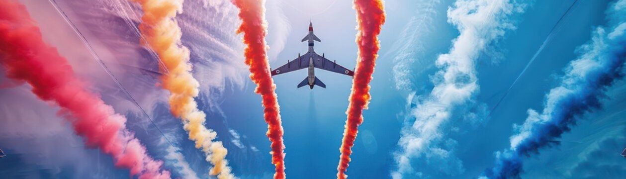 Airplane flying with colorful red, orange, blue smoke trails against a vibrant blue sky, creating a stunning aerial display.