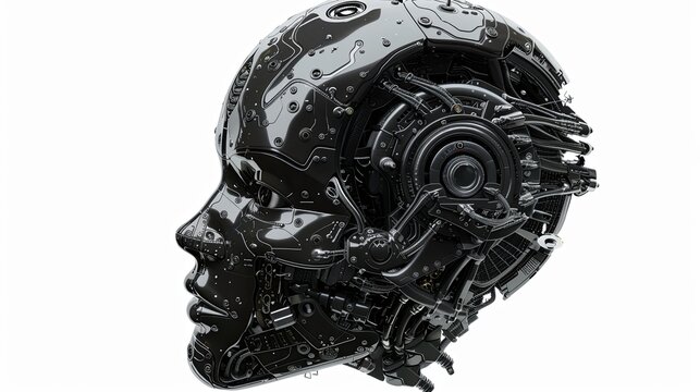 A 3D rendering of an AI robot head with a digital graphic brain engine inside, isolated on a white background with clipping path. Generative AI