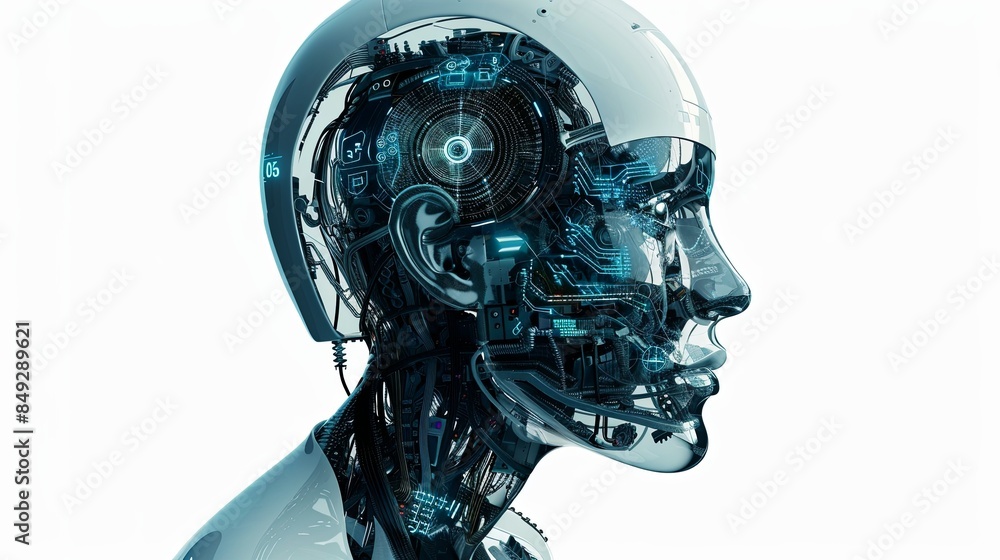Poster a 3d rendering of an ai robot head with a transparent digital brain engine. the robots head is white