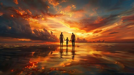 Fototapeta premium Silhouette of a family walking on water at sunset with vibrant clouds reflecting in the tranquil surface, creating a serene and picturesque scene.