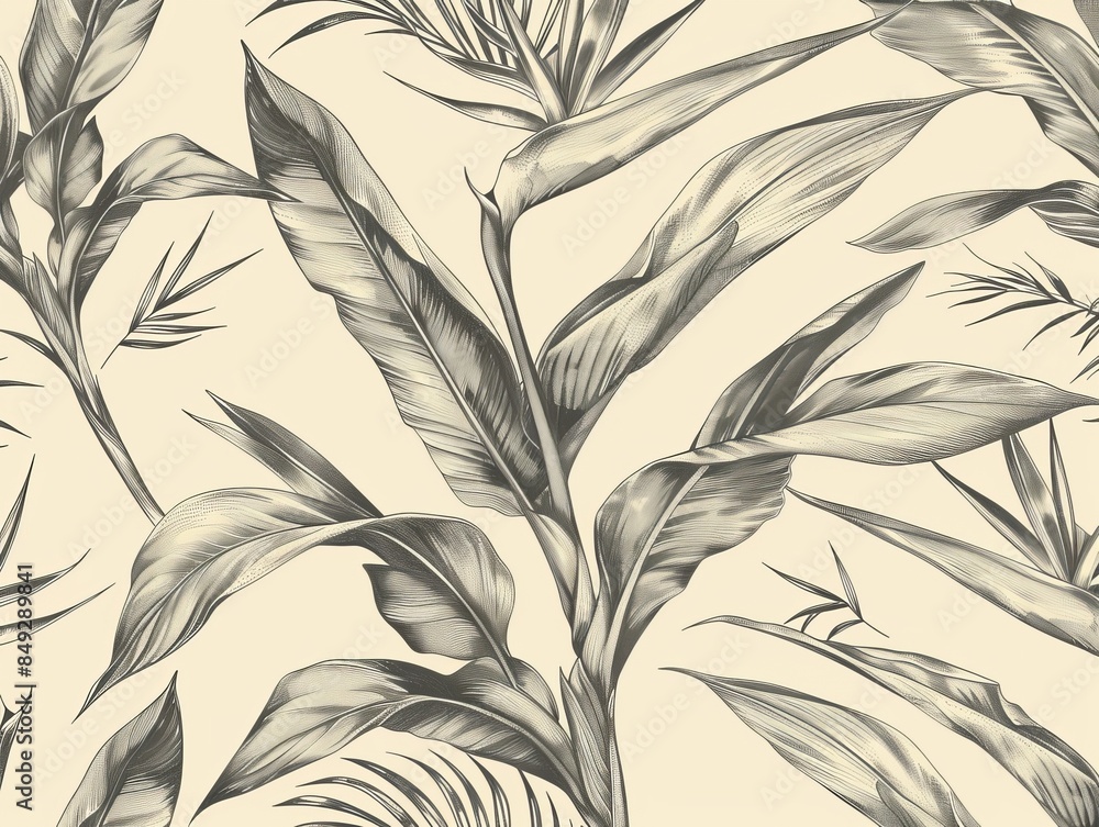 Sticker A monochrome botanical leaf wallpaper rendering, presenting a vintage abstract background illustration