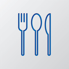 Fork spoon knife simple icon. Flat design. Paper cut design. Cutted blue symbol with shadow. Gray background