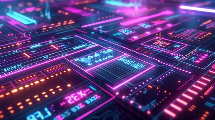 Obraz premium A cyberpunk-inspired abstract data visualization background with neon grids and digital readouts, 