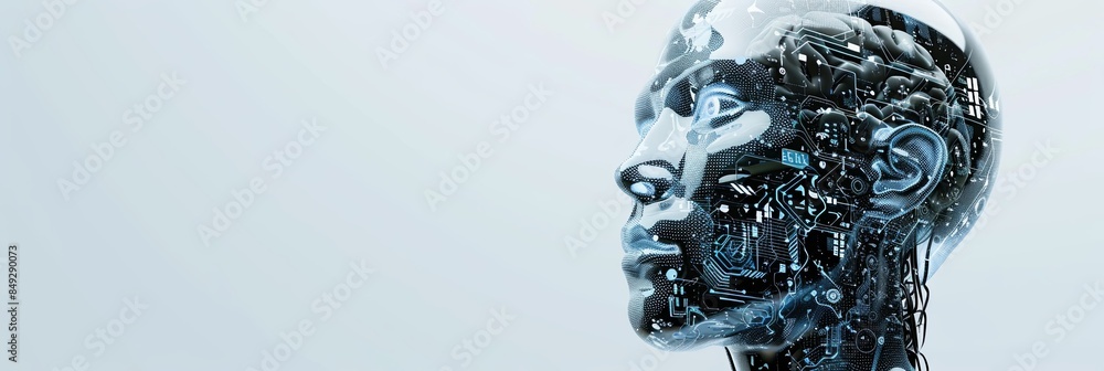 Poster a 3d rendering of a transparent robot head with a digital graphic brain engine inside, isolated on a