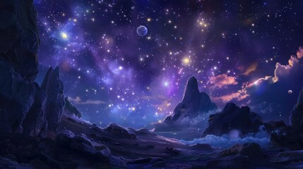 Fototapeta premium Stunning starry night sky with mountains and planets in a cosmic landscape. A captivating fantasy scene showcasing celestial beauty.